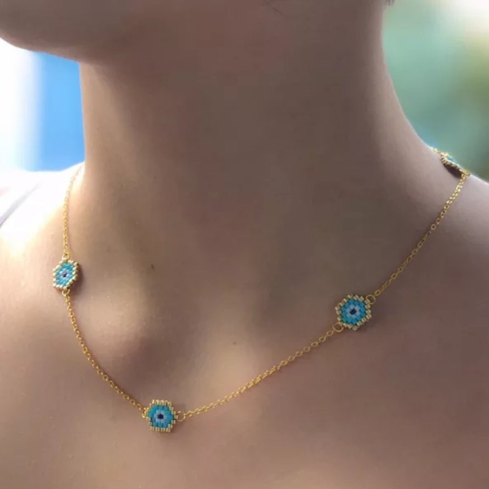 Handmade Geometric Greek Eye Necklace with stainless steel chain